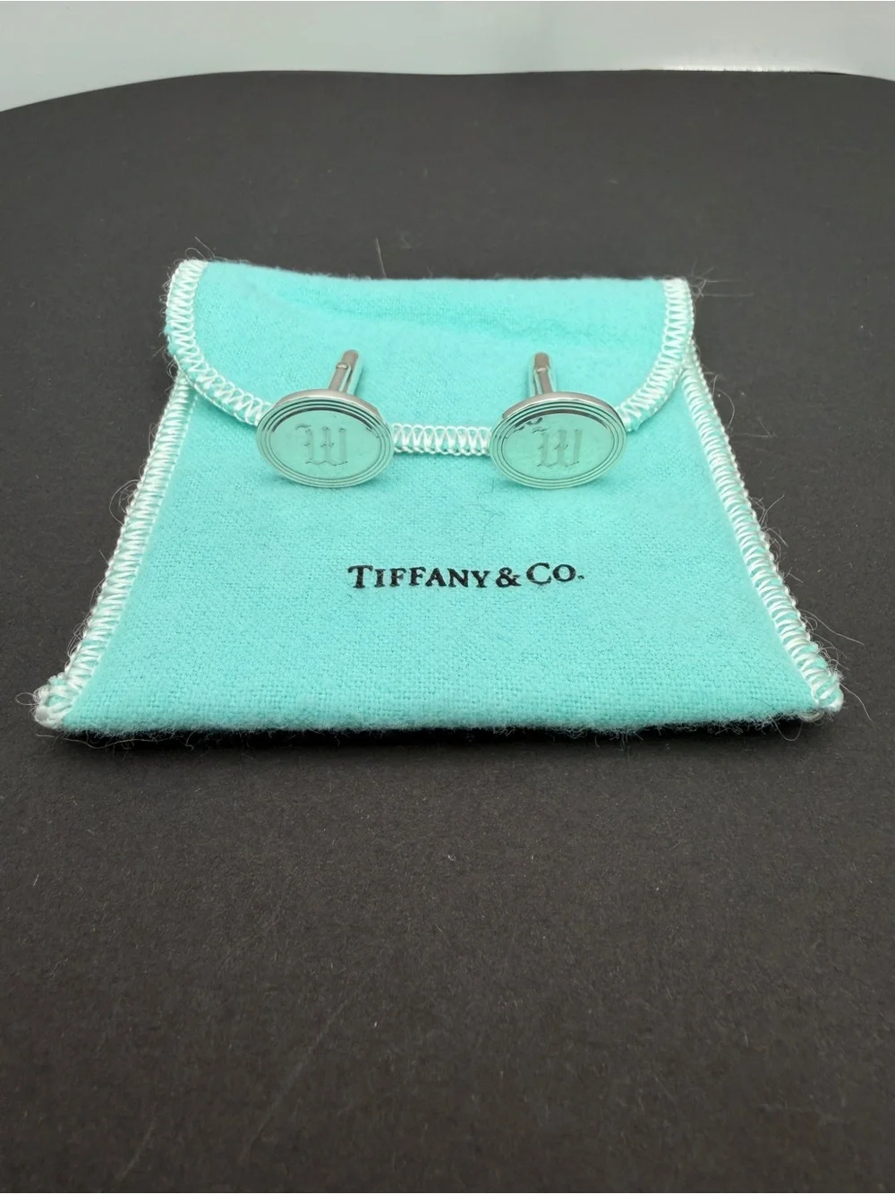 Vintage Tiffany & Co Classic Oval Cufflinks w Engraved M or W